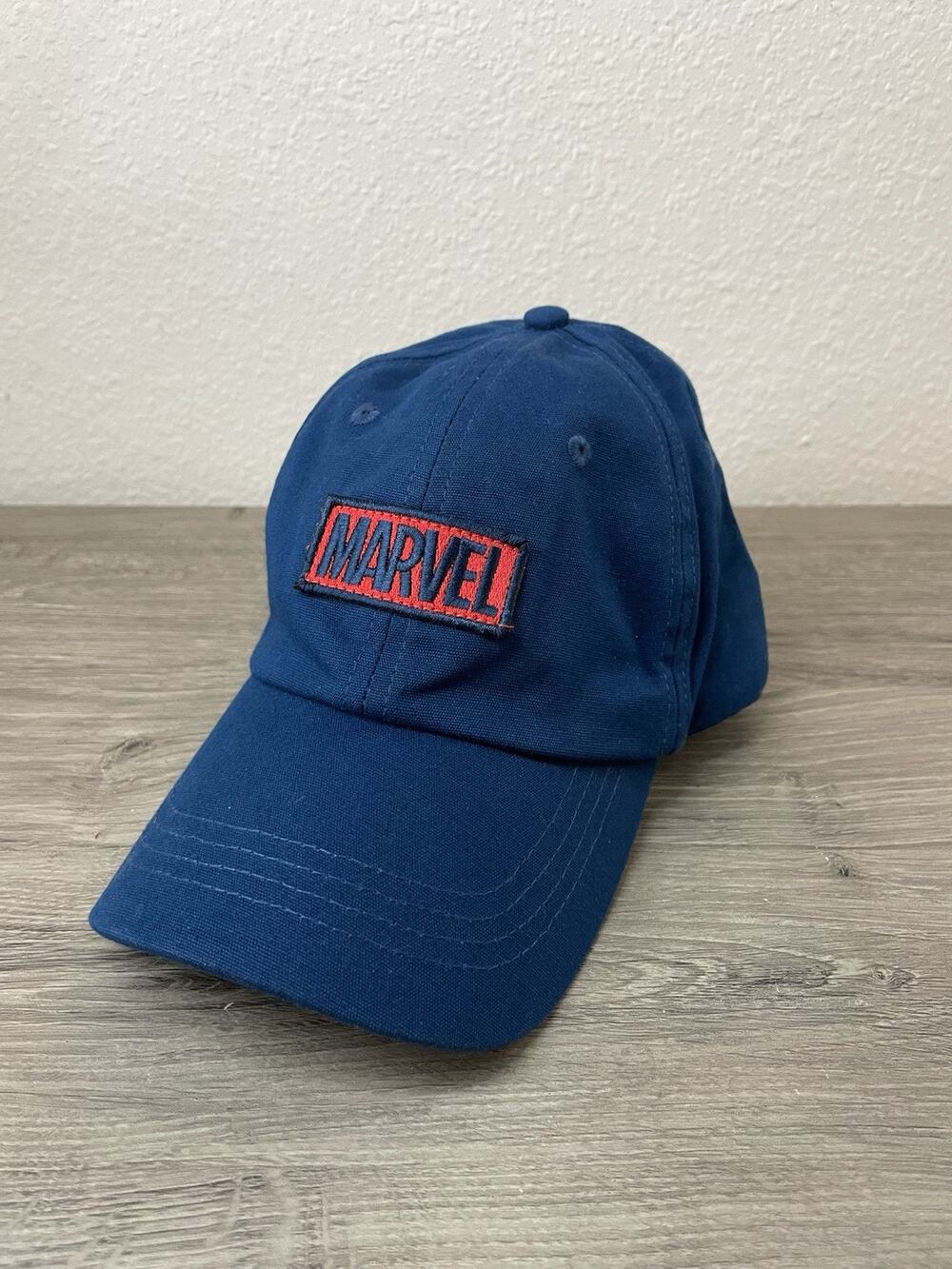 Marvel Logo Dad Hat Navy Blue Embroidered Patch Adjustable Strapback Cap